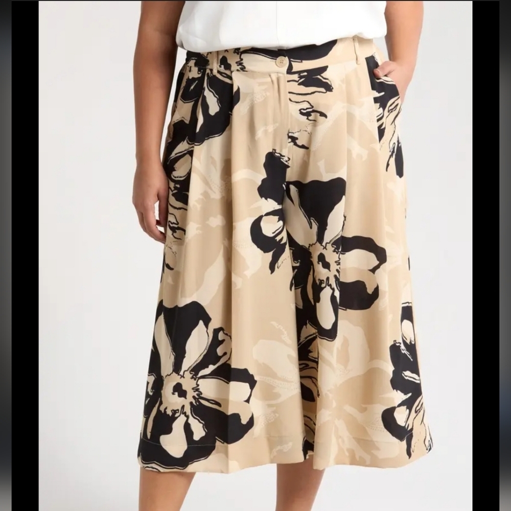 Adrianna Papell Beige Floral Wide Leg Pleated Front Flowy Pants NWT | 8